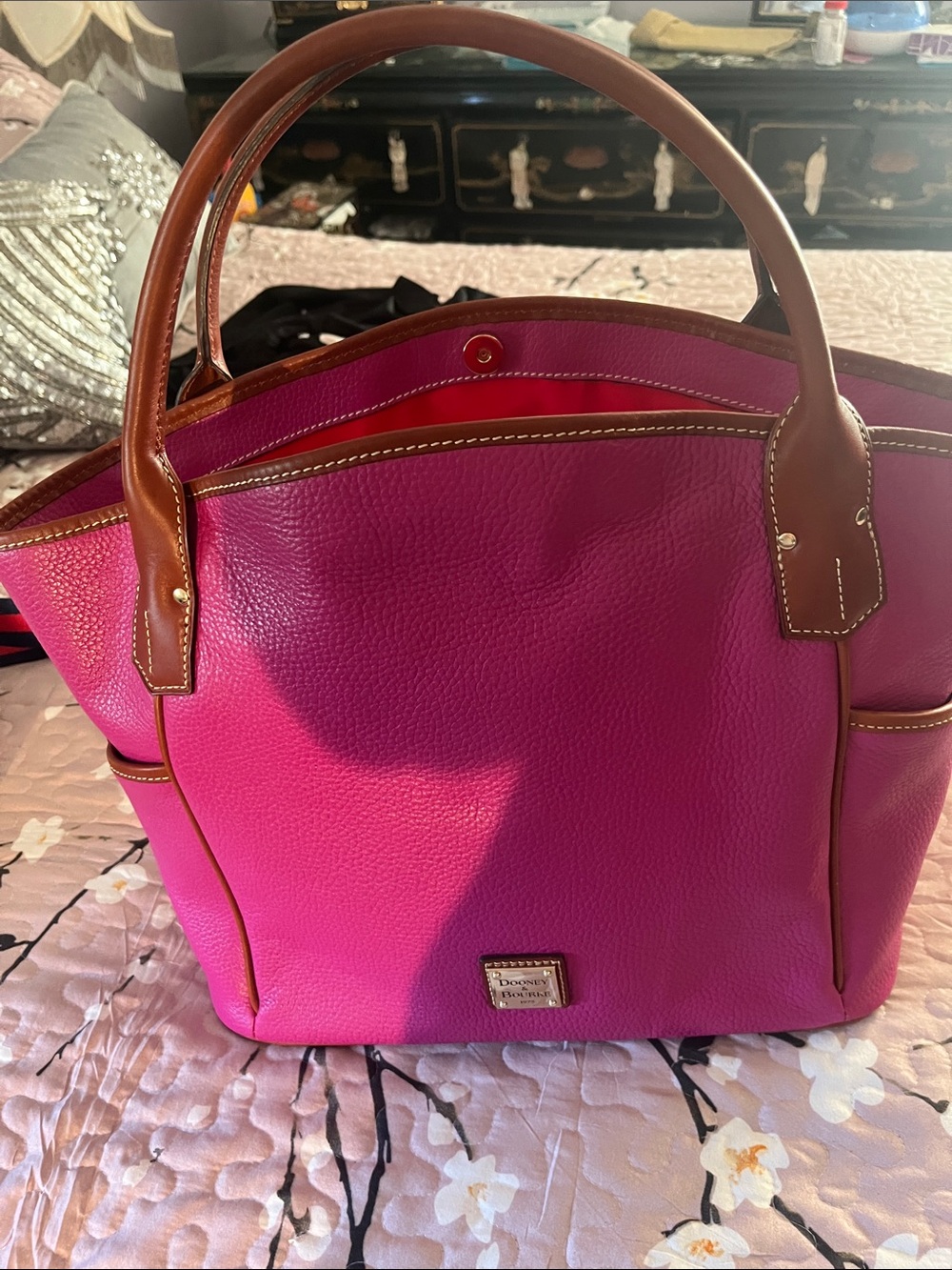 Dooney & Bourke Pink Pebble Leather Tote with Brown Trim this is 12 x 16